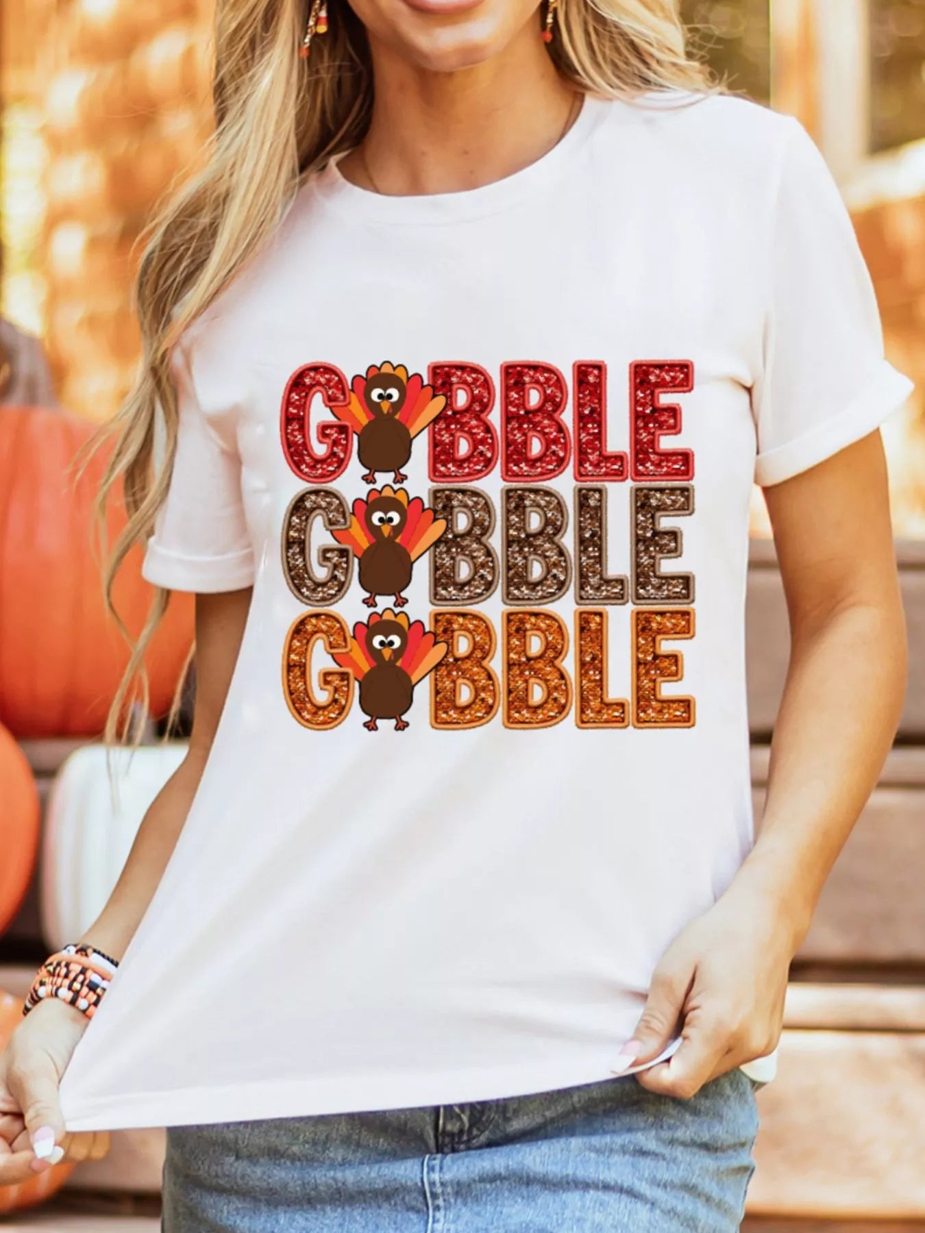 GOBBLE Thanksgiving Turkey Print T Shirt OutfitFlow