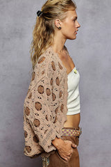 POL Openwork V-Neck Chenille Cardigan with Contrast Floral OutfitFlow