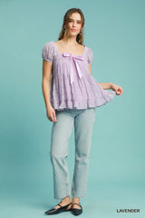 Umgee Textured Square Neck Bow Tie Blouse with Ruffle Hem Trendsi