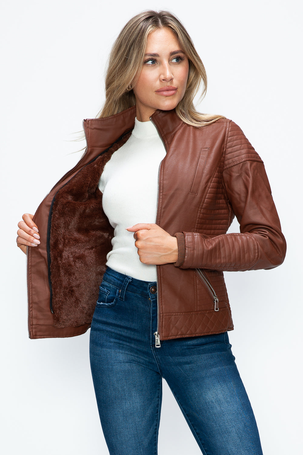 Outfit Flow - YMI Faux Layered Double-Zipper Jacket with Fuzzy Hood