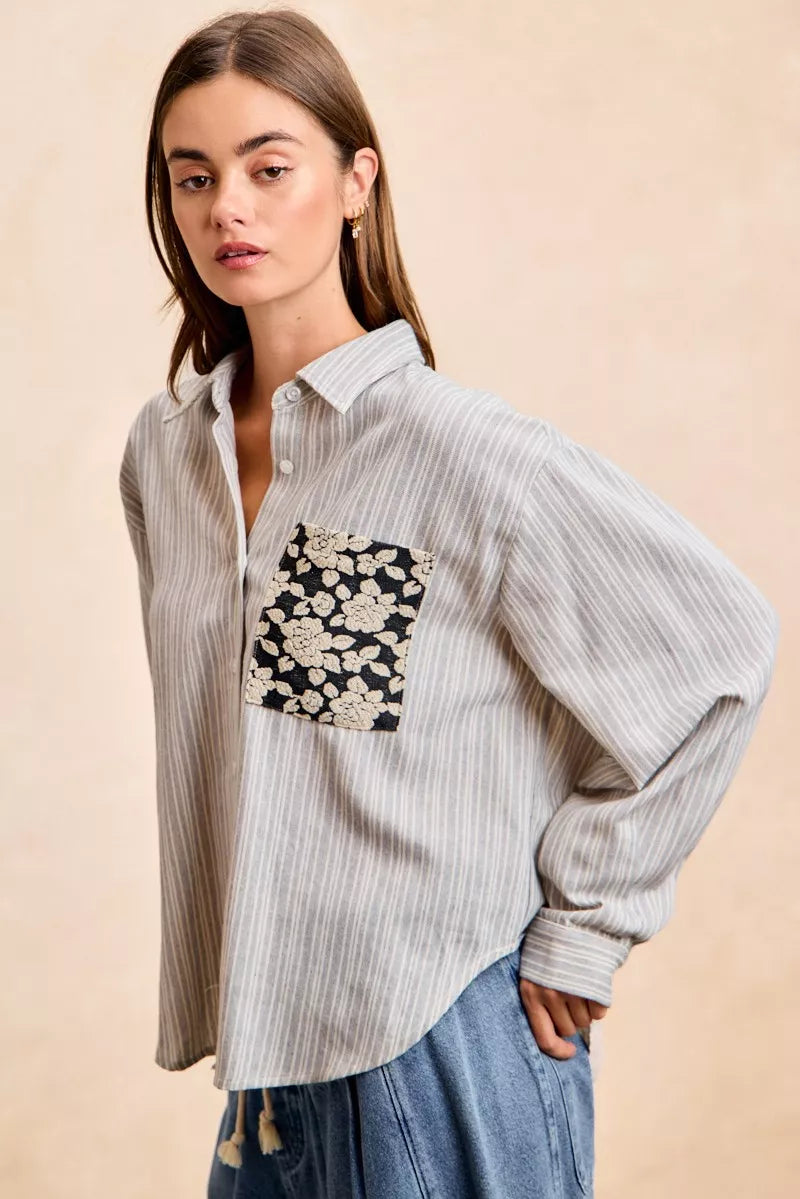 BiBi Flower Jacquard Knit Patch Pocket Stripe Shirt OutfitFlow