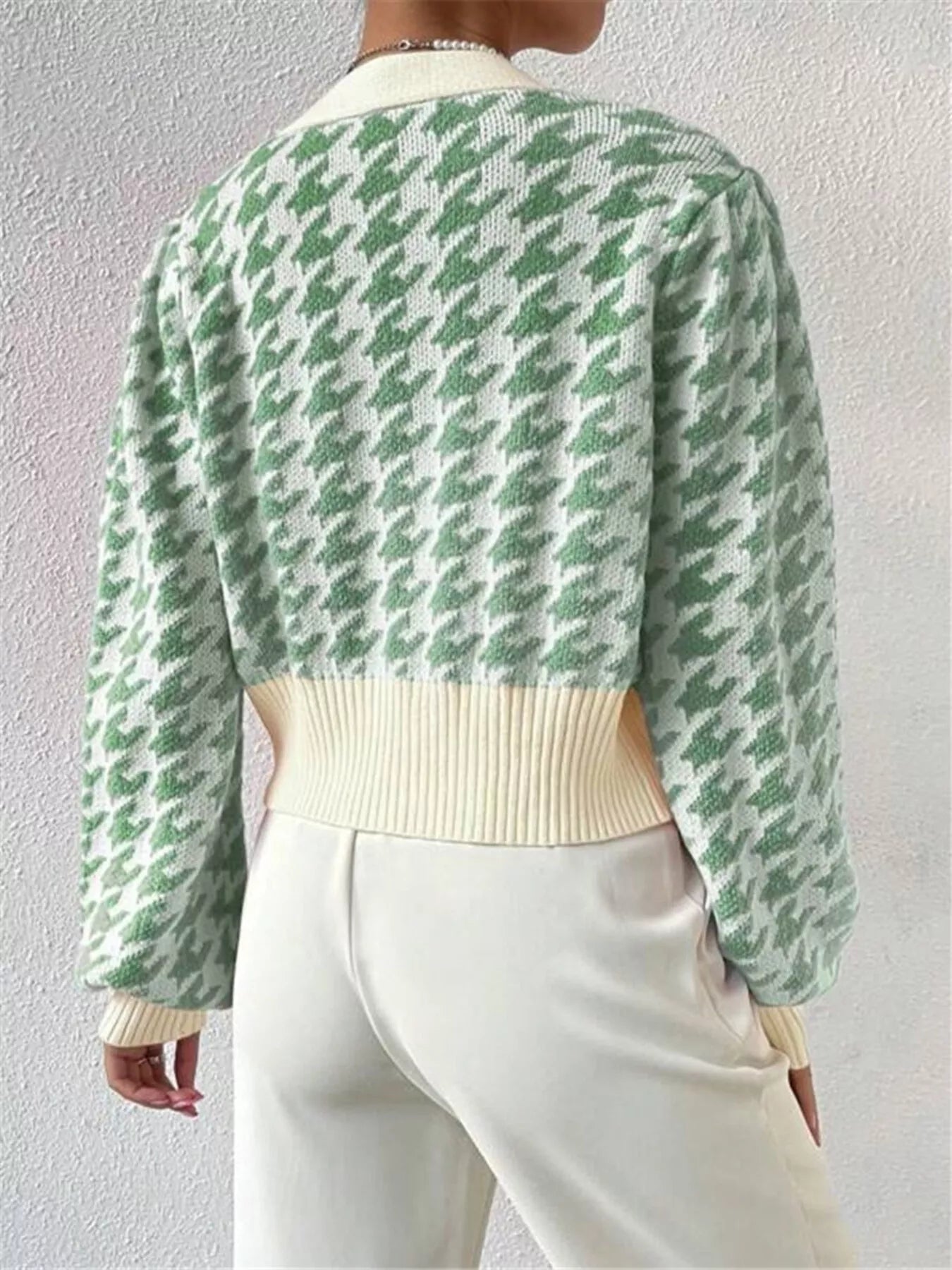 Houndstooth V-Neck Button Up Cardigan OutfitFlow