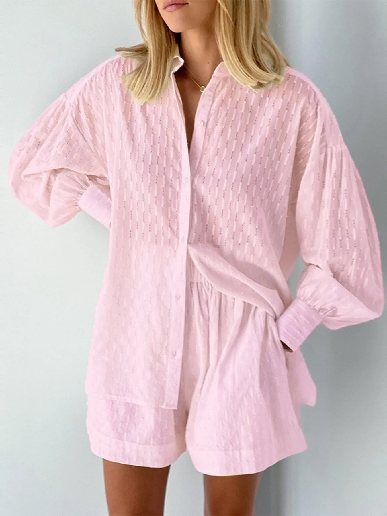Textured Button-Up Shirt and Shorts Set OutfitFlow