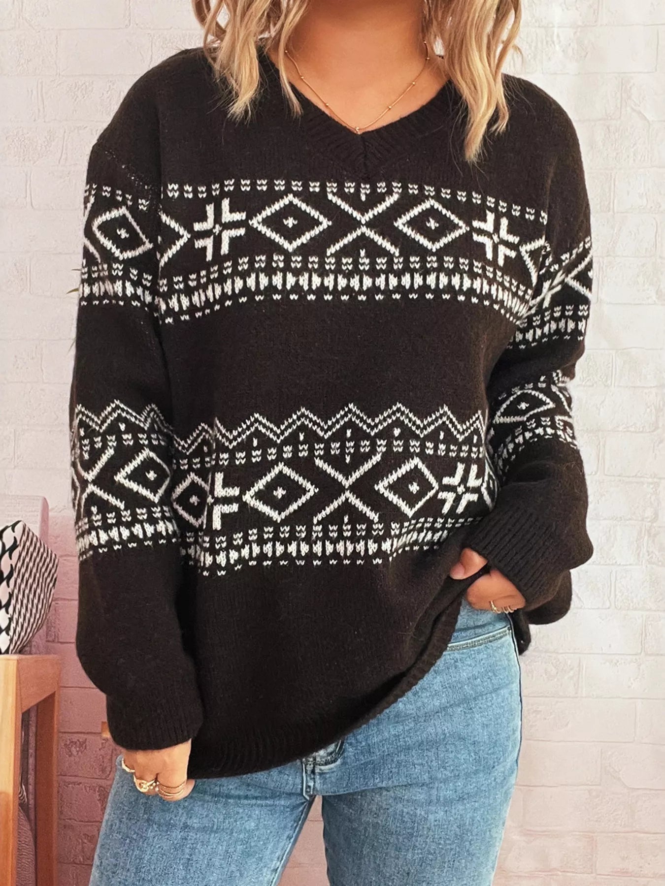 Geometric Dropped Shoulder Long Sleeve Sweater Brown One Size OutfitFlow