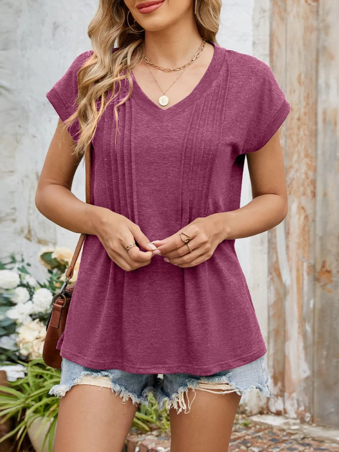 Casual V-Neck Pleated Front T-Shirt Deep Purple OutfitFlow