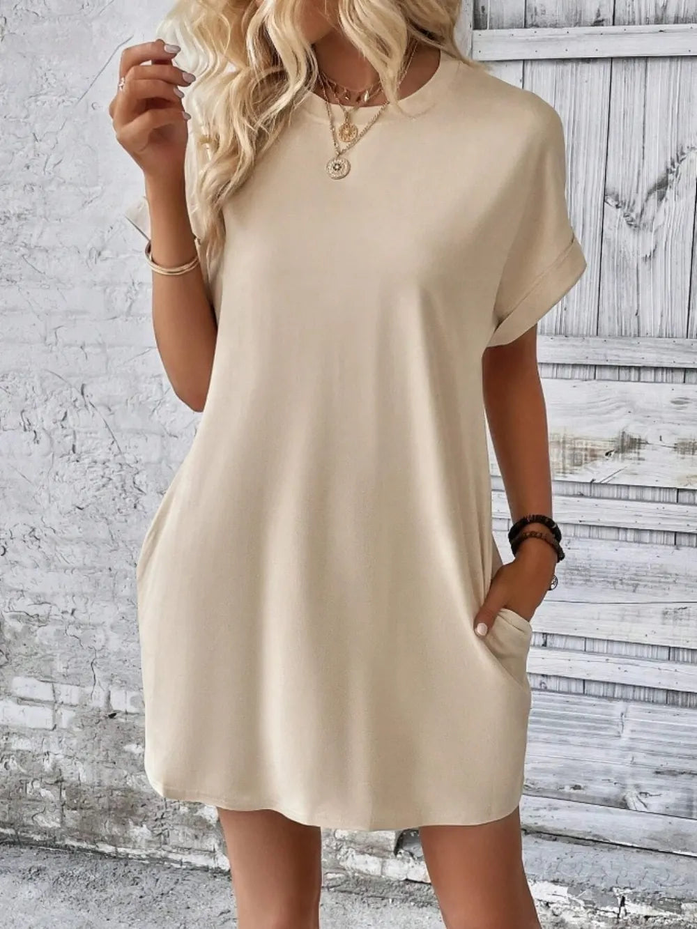 Pocketed Round Neck Short Sleeve Dress Tan OutfitFlow