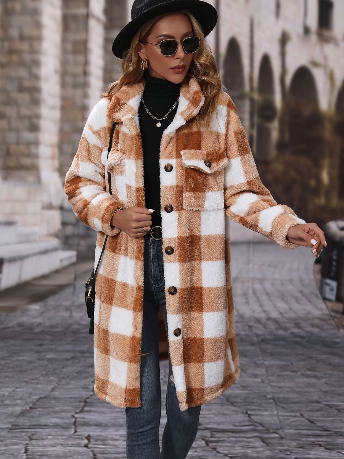 Plaid Collared Neck Button Down Coat Chestnut Trendsi