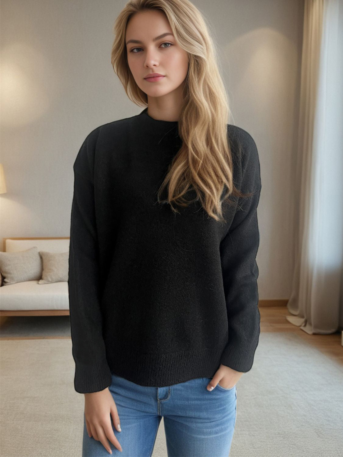 Outfit Flow - Round Neck Drop Shoulder Long Sleeve Sweater