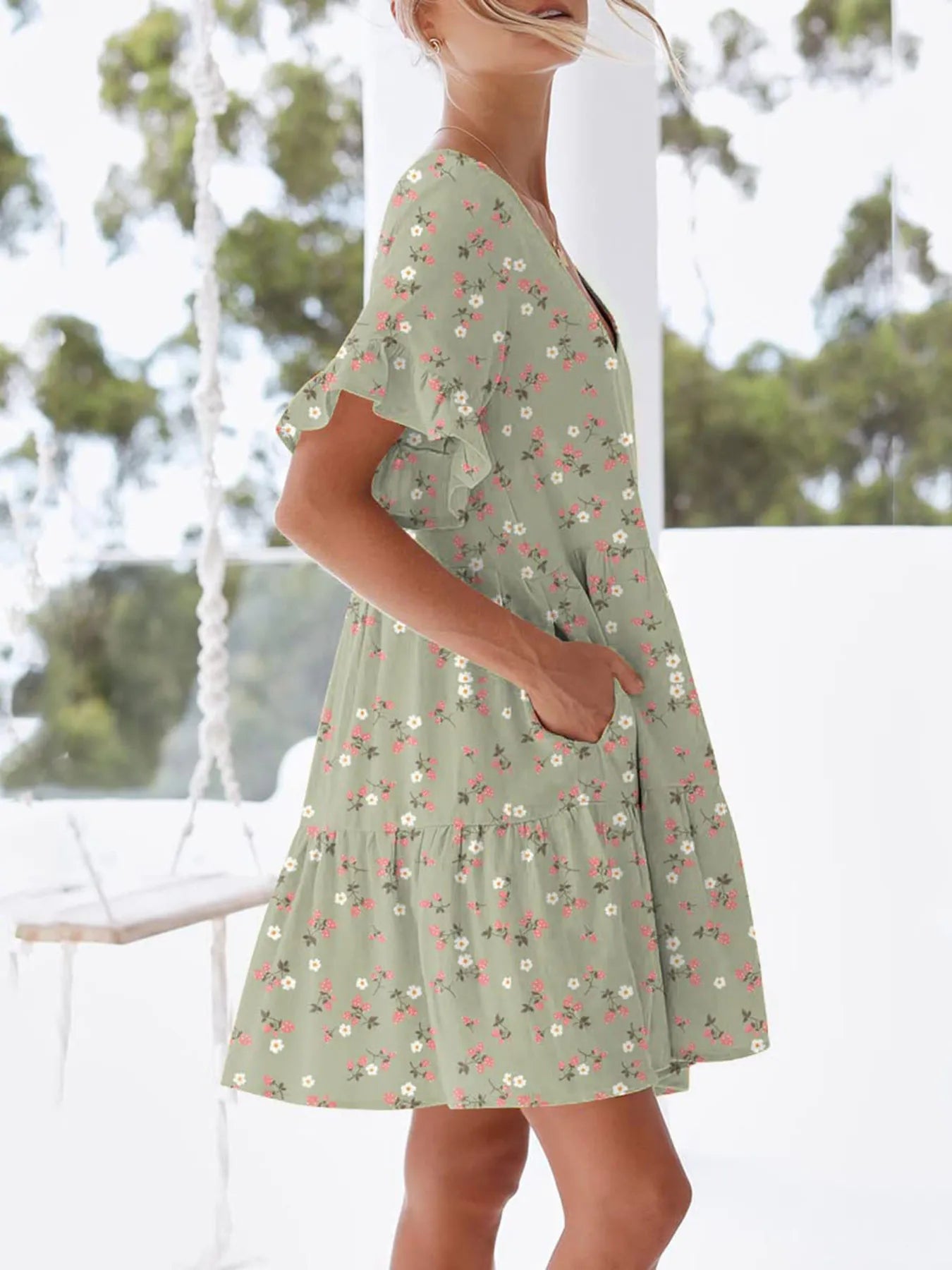 Polka Dot V-Neck Short Sleeve Mini Dress OutfitFlow