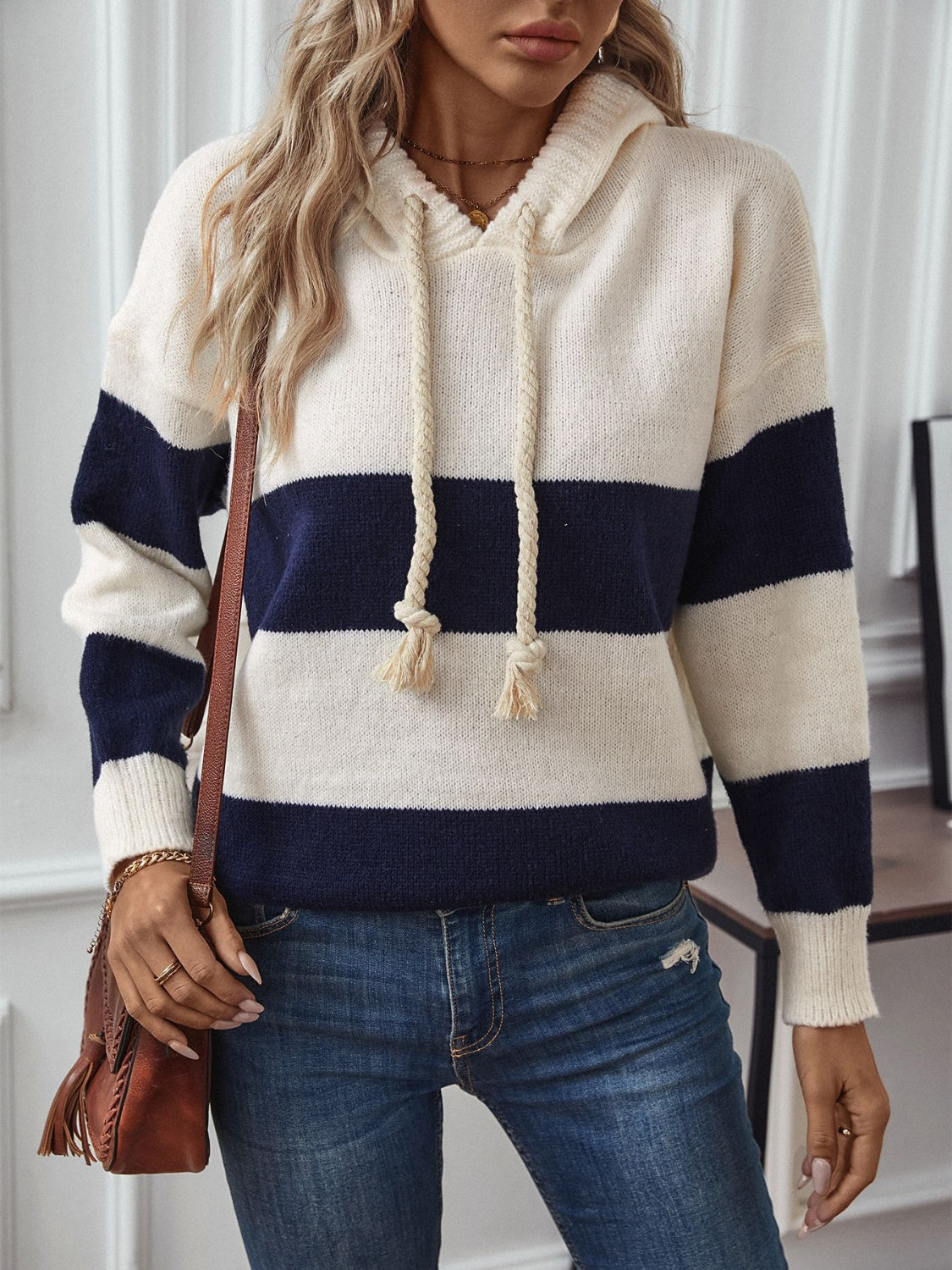 Outfit Flow - Drawstring Contrast Stripe Dropped Shoulder Hooded Sweater