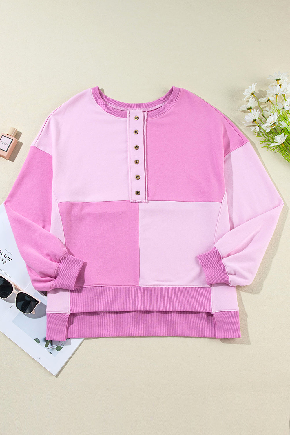 Outfit Flow - Color Block Half Button Long Sleeve Sweatshirt