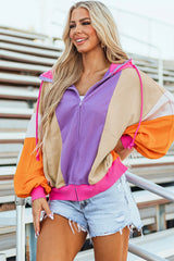 Outfit Flow - Drawstring Color Block Zip Up Long Sleeve Hoodie