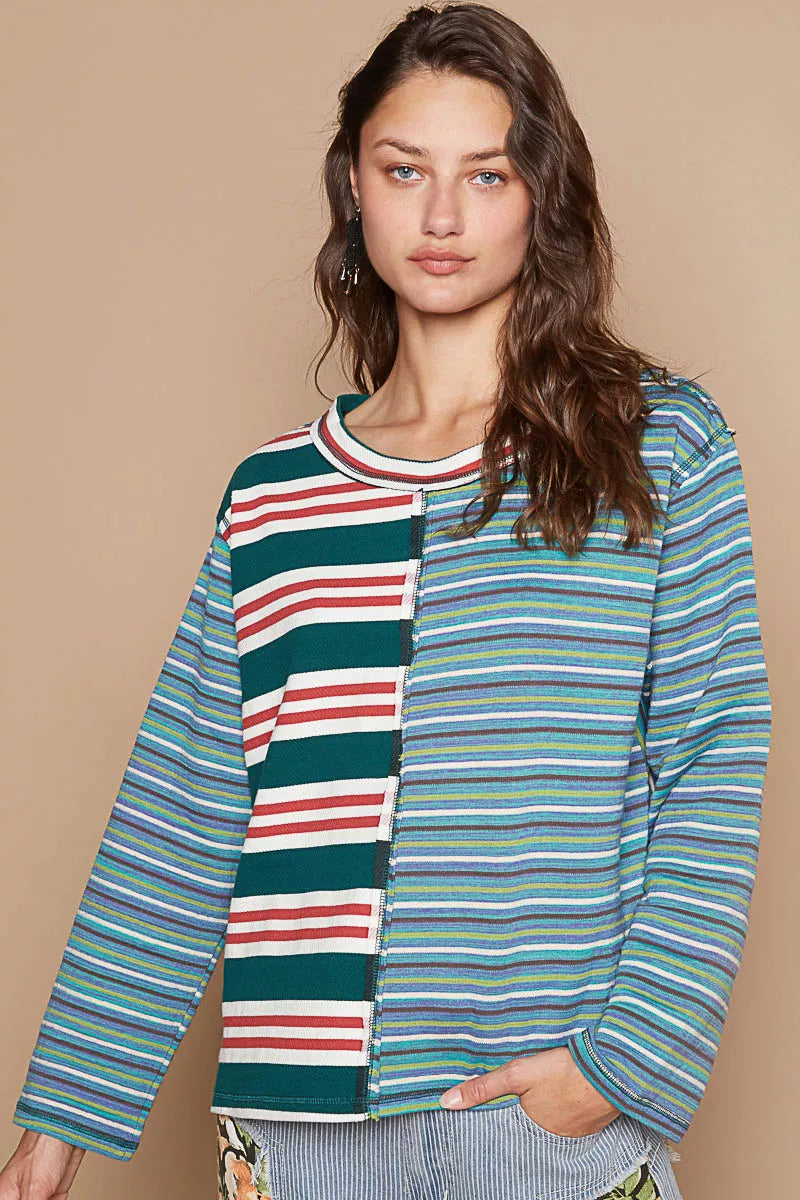 POL Color Block Striped Round Neck Long Sleeve T-Shirt OutfitFlow