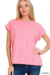 Zenana Round Neck Folded Short Sleeve T-Shirt H FUCHSIA Trendsi