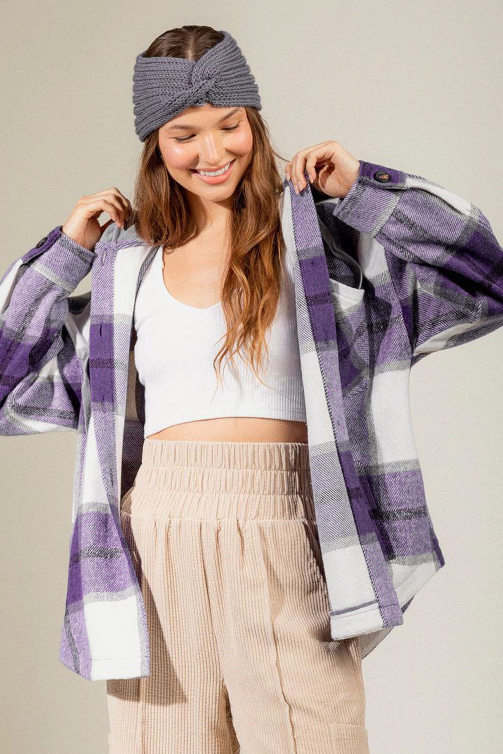 Outfit Flow - Drawstring Plaid Dropped Shoulder Hooded Jacket