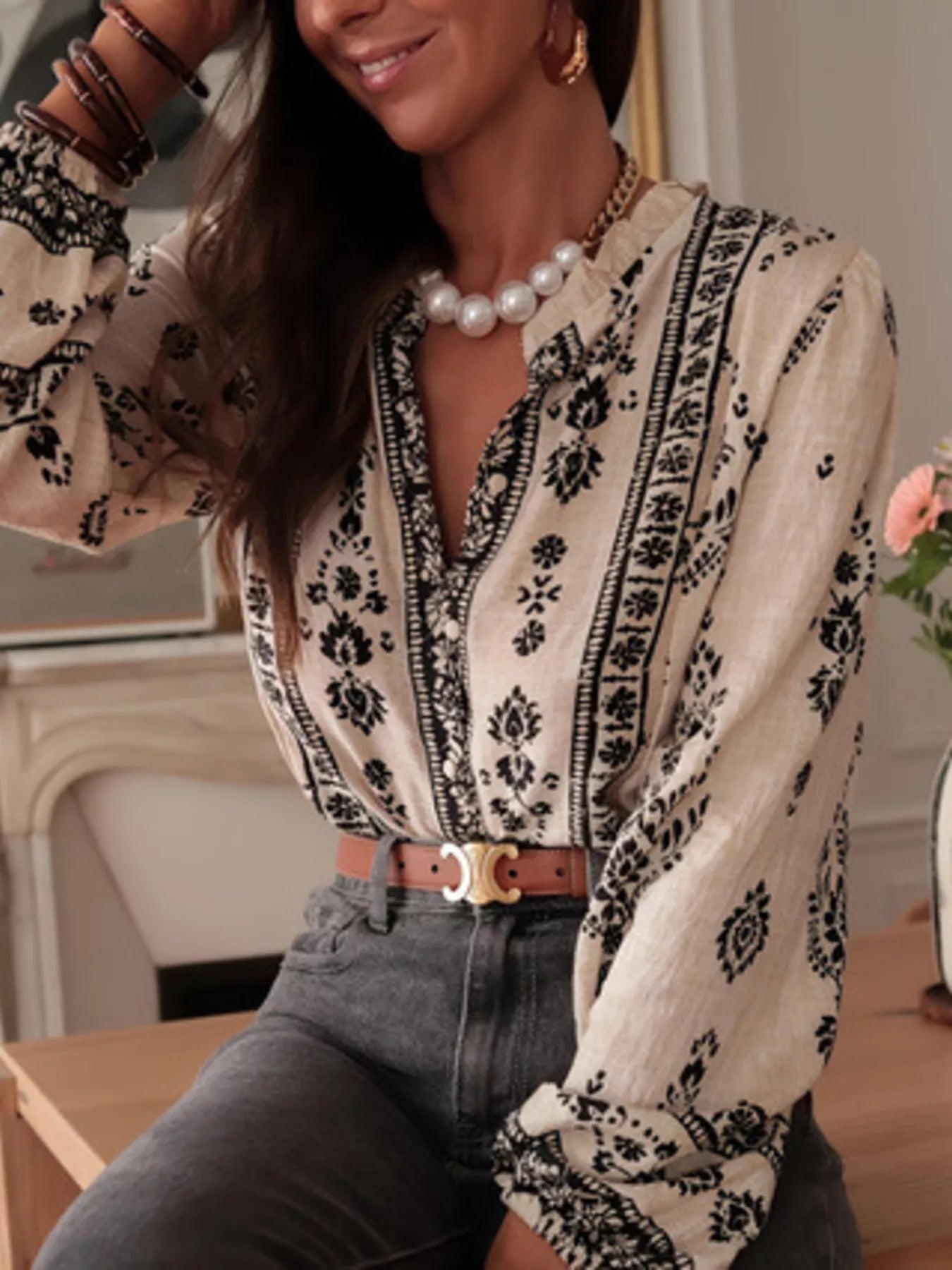 Printed Long Sleeve Blouse OutfitFlow