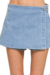 Zenana Wrap Front Skort Denim Shorts OutfitFlow