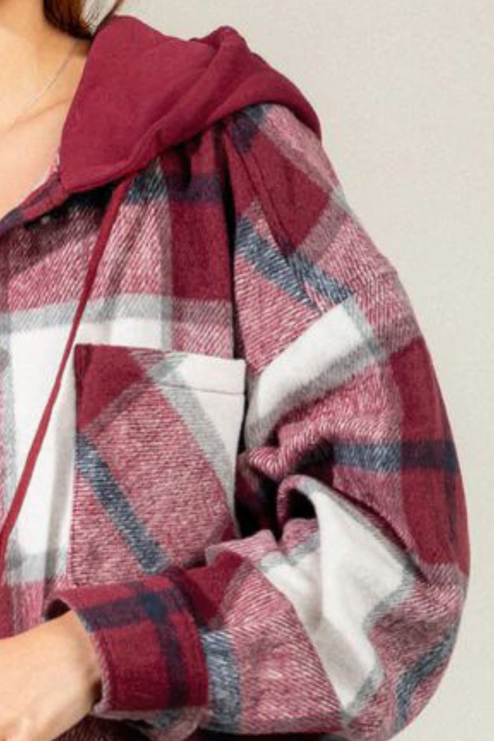 Outfit Flow - Drawstring Plaid Dropped Shoulder Hooded Jacket