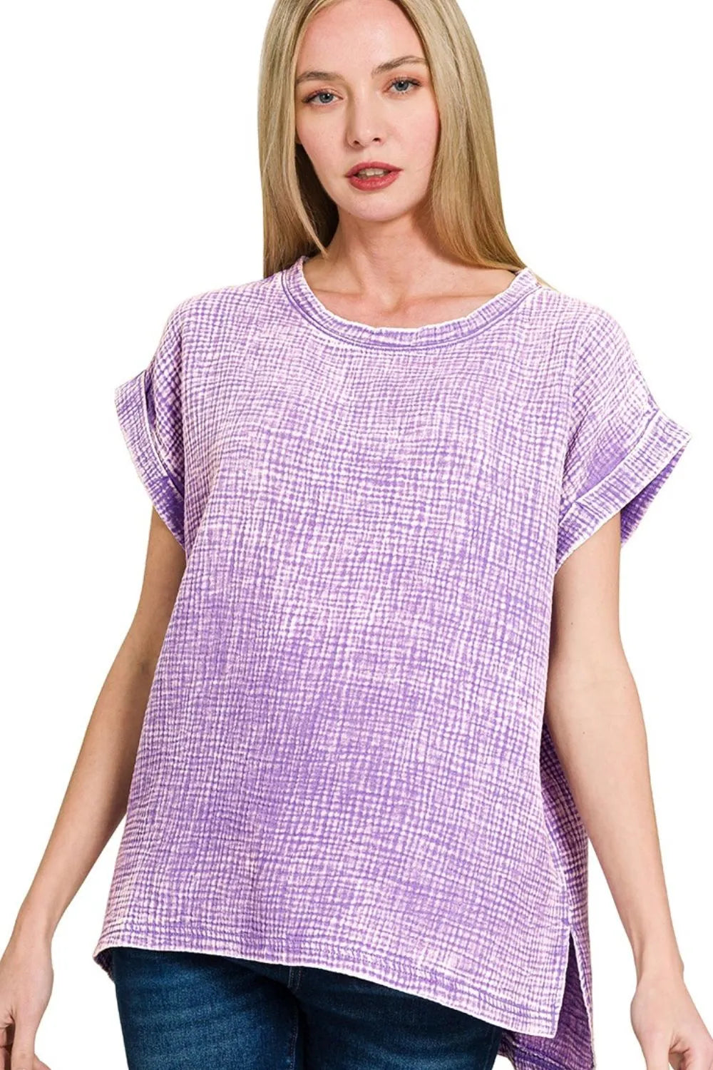Zenana Woven Double Gauze Acid Washed Short Sleeve Top LAVENDER OutfitFlow