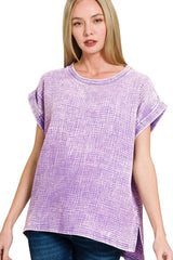 Zenana Woven Double Gauze Acid Washed Short Sleeve Top LAVENDER OutfitFlow