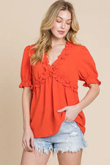 Lime 'N' Chili Solid Ruffled Deep V-Neck Puff Sleeve Babydoll Top OutfitFlow