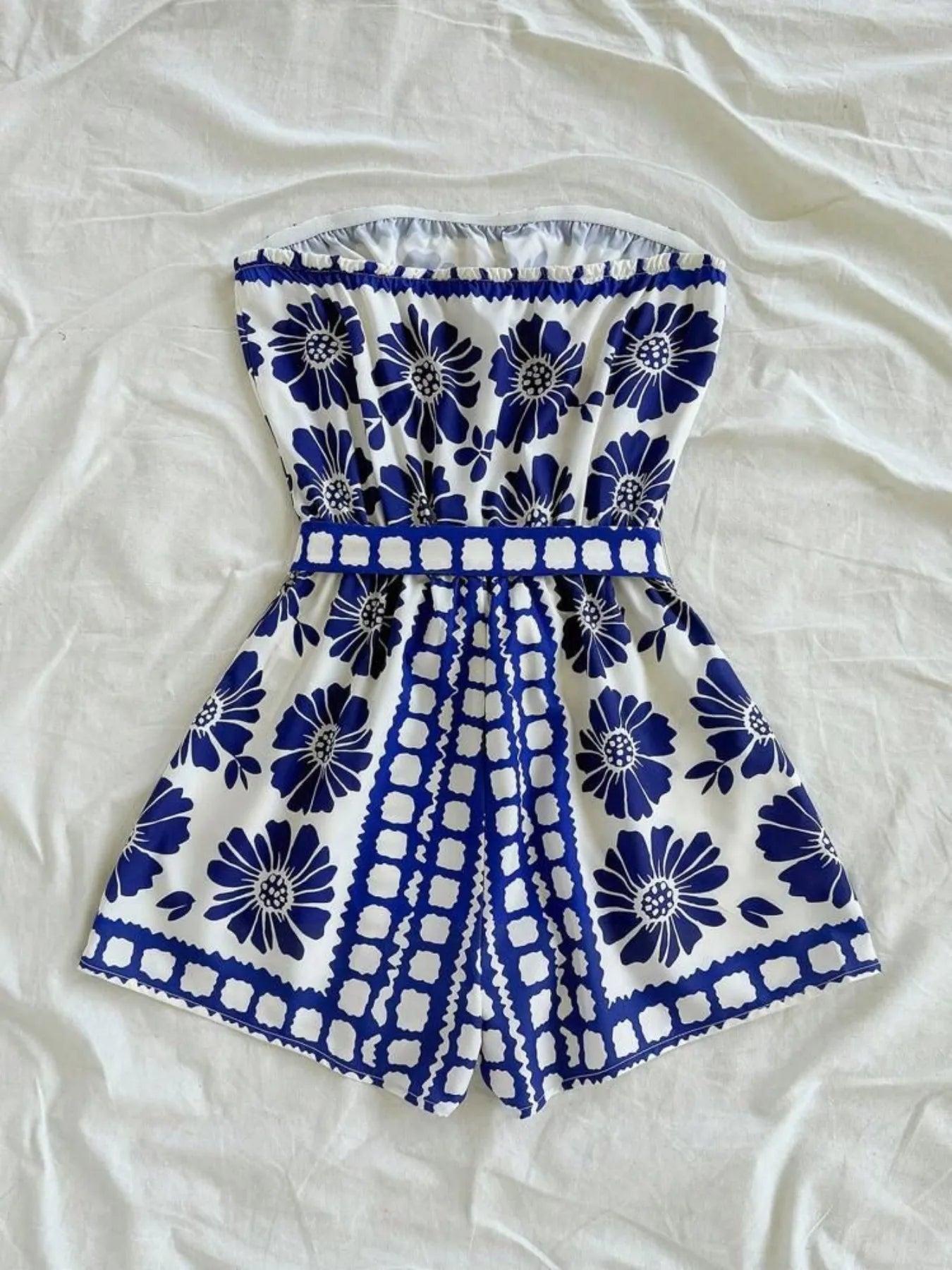 Printed Tube Tie Waist Romper OutfitFlow