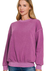 Zenana Soft Fleece Pigment Dye Round-neck Sweatshirts LT PLUM OutfitFlow