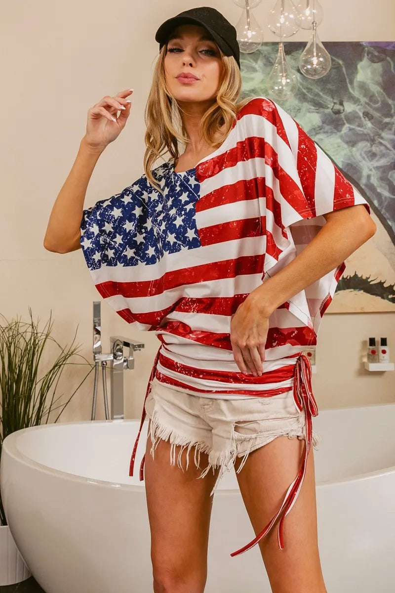 BiBi American Flag Printed Side Ruched Details Knit Top OutfitFlow