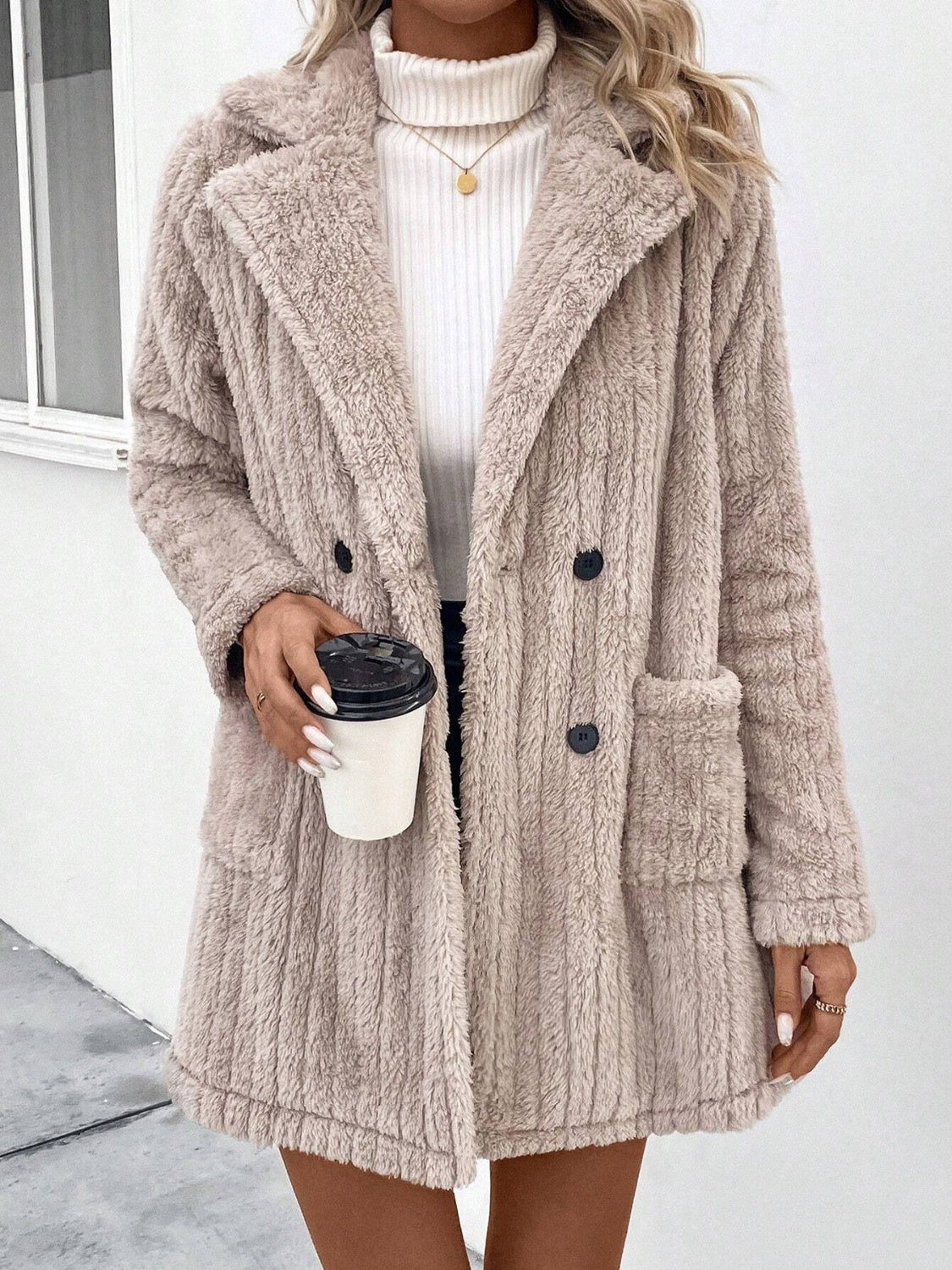 Outfit Flow - Fuzzy Button Up Long Sleeve Coat with Pockets