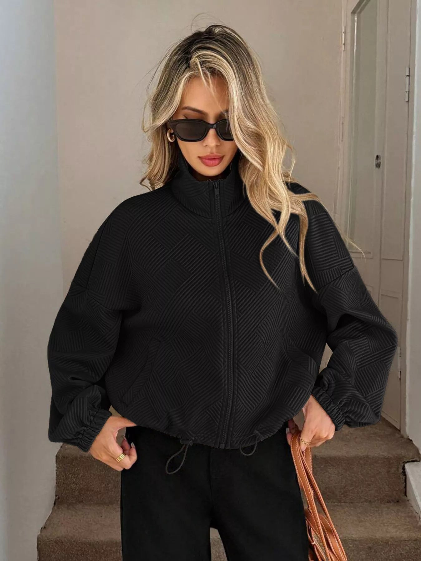 Drawstring Hem Textured Long Sleeve Jacket OutfitFlow