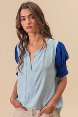 BiBi Air Flow Color Block Puff Sleeves V Neck Top OutfitFlow
