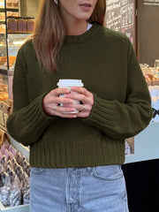 Ribbed Round Neck Sweater Army Green OutfitFlow