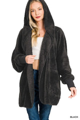 Zenana Hooded Faux Fur Jacket with Pockets BLACK Trendsi