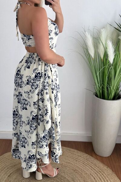 Smocked Printed Halter Neck Dress OutfitFlow