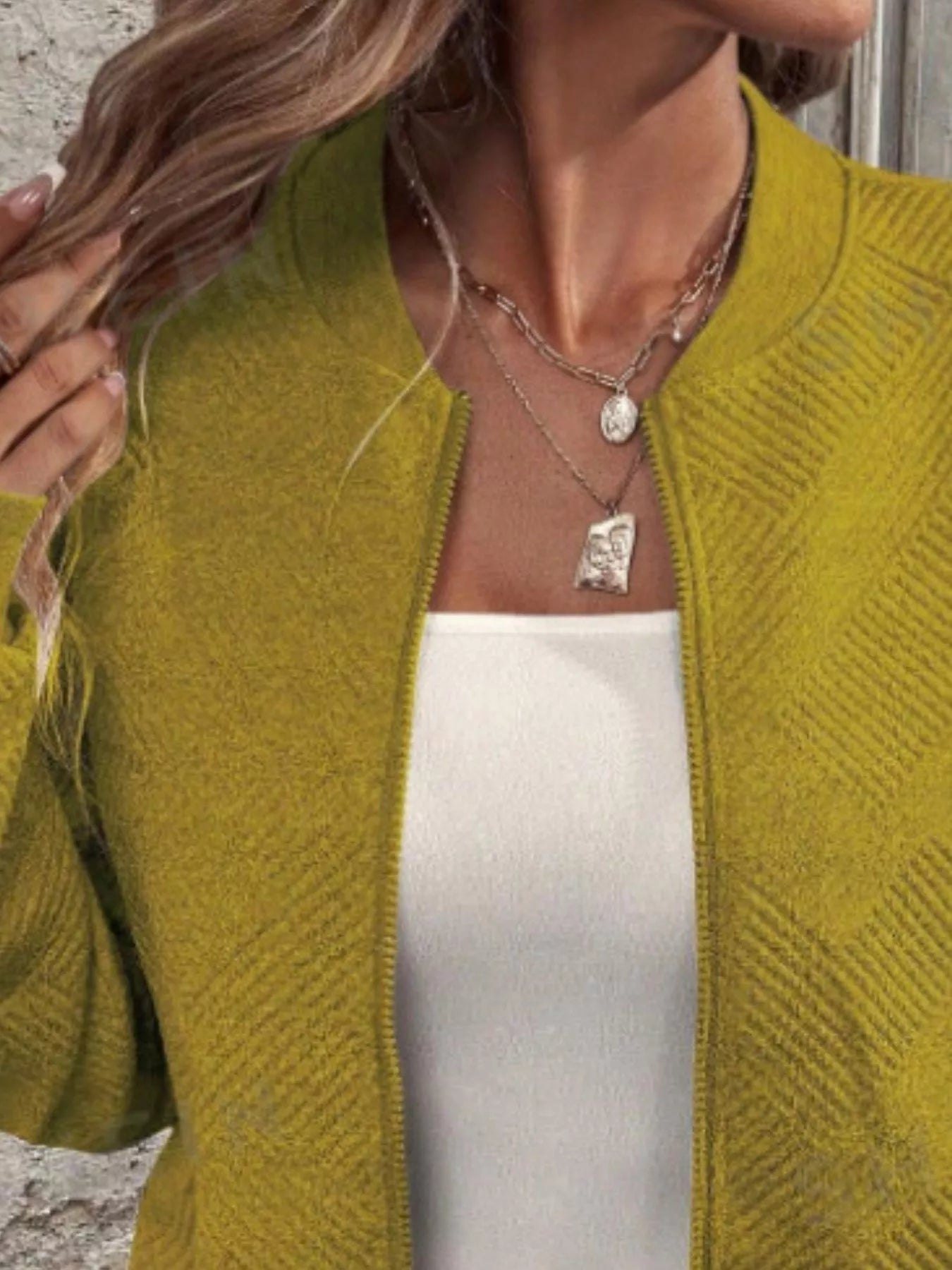 Textured Knit Zip-Up Bomber Jacket OutfitFlow