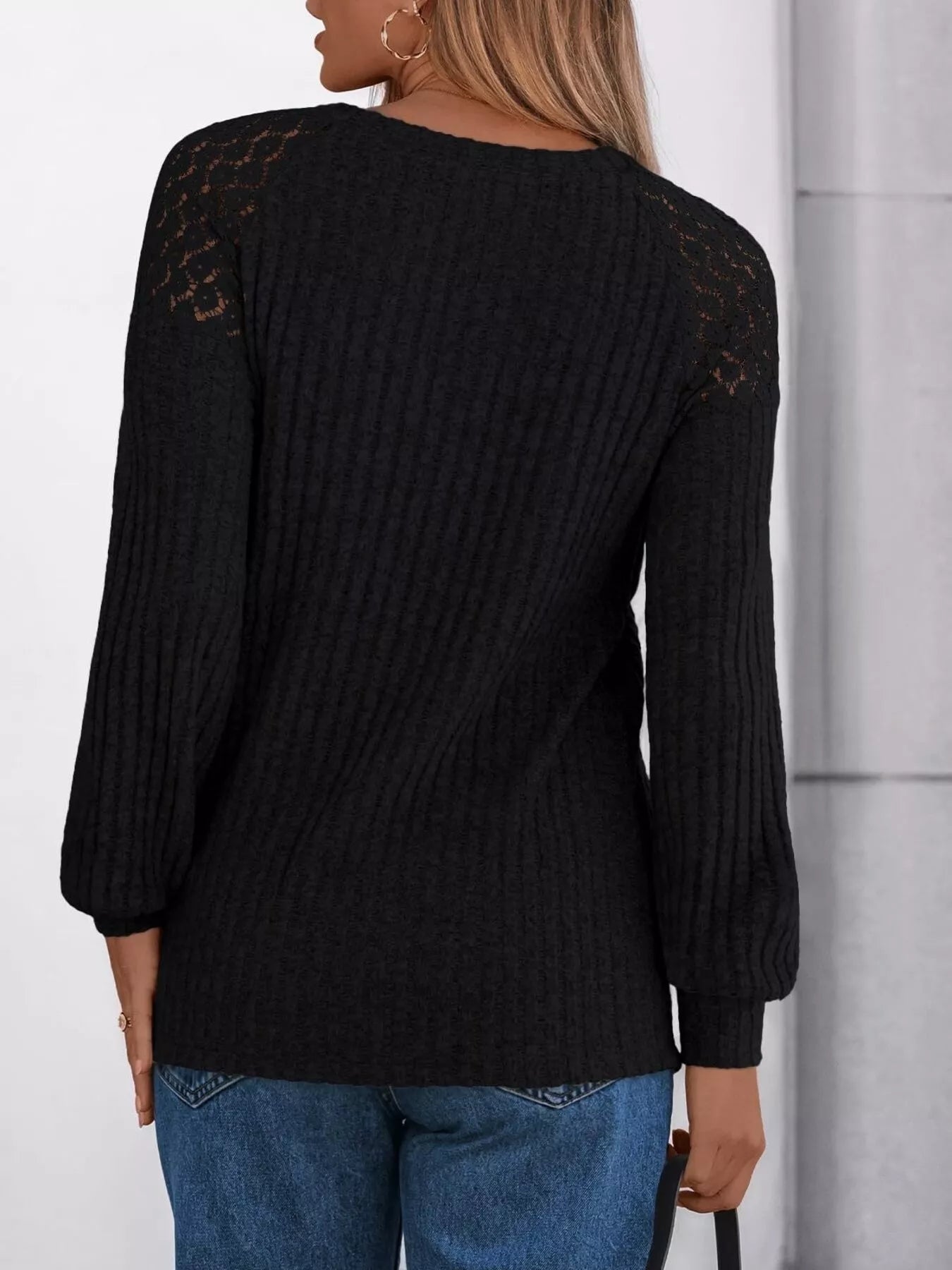 Ribbed Knit T-Shirt with Lace Shoulder Detail OutfitFlow