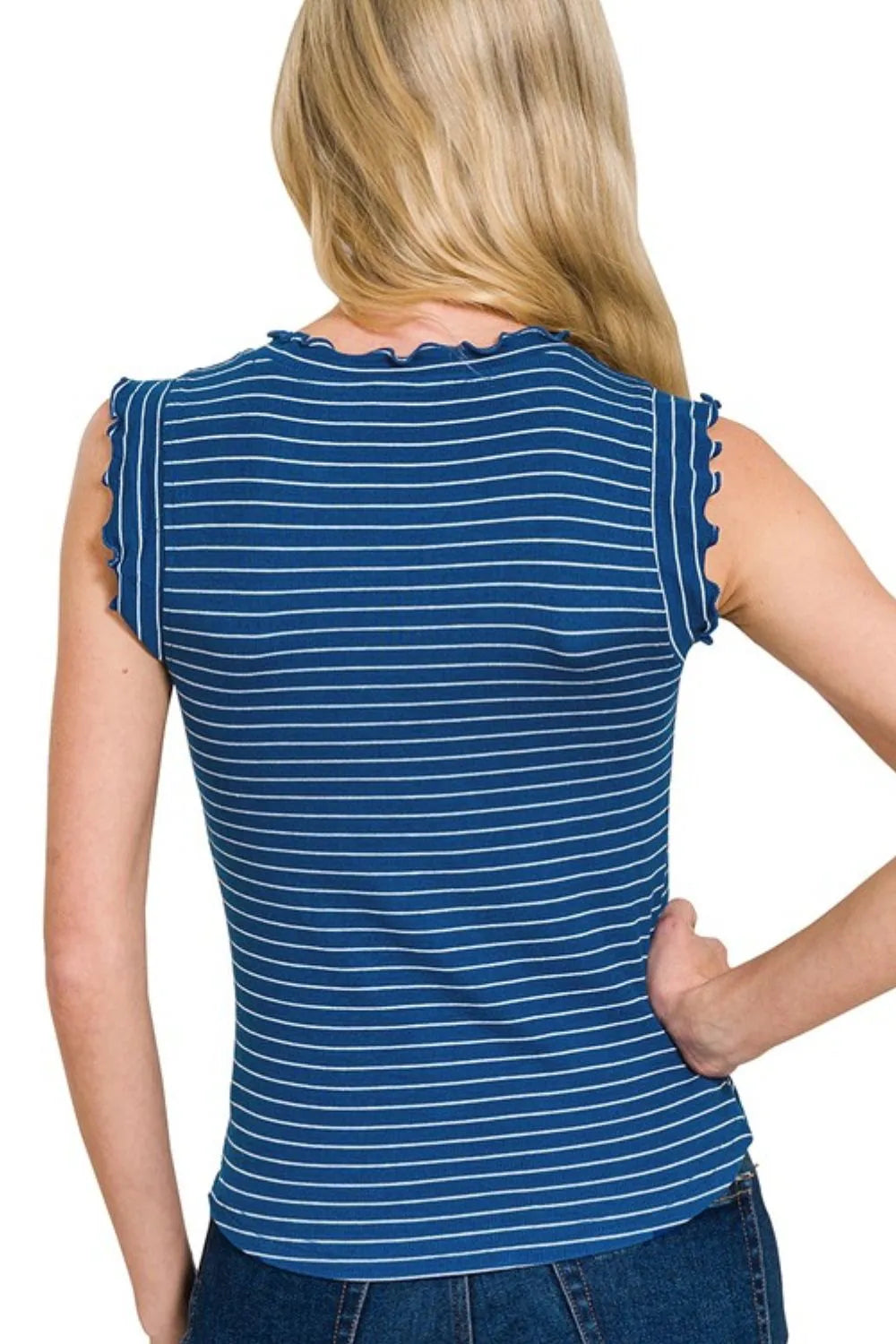 Zenana Ribbed Ruffle Trim Sleeveless Stripe Top OutfitFlow