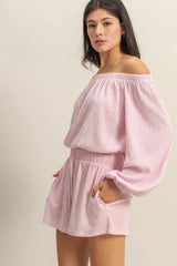 HYFVE Off Shoulder Top and Shorts Set PINK WHITE OutfitFlow