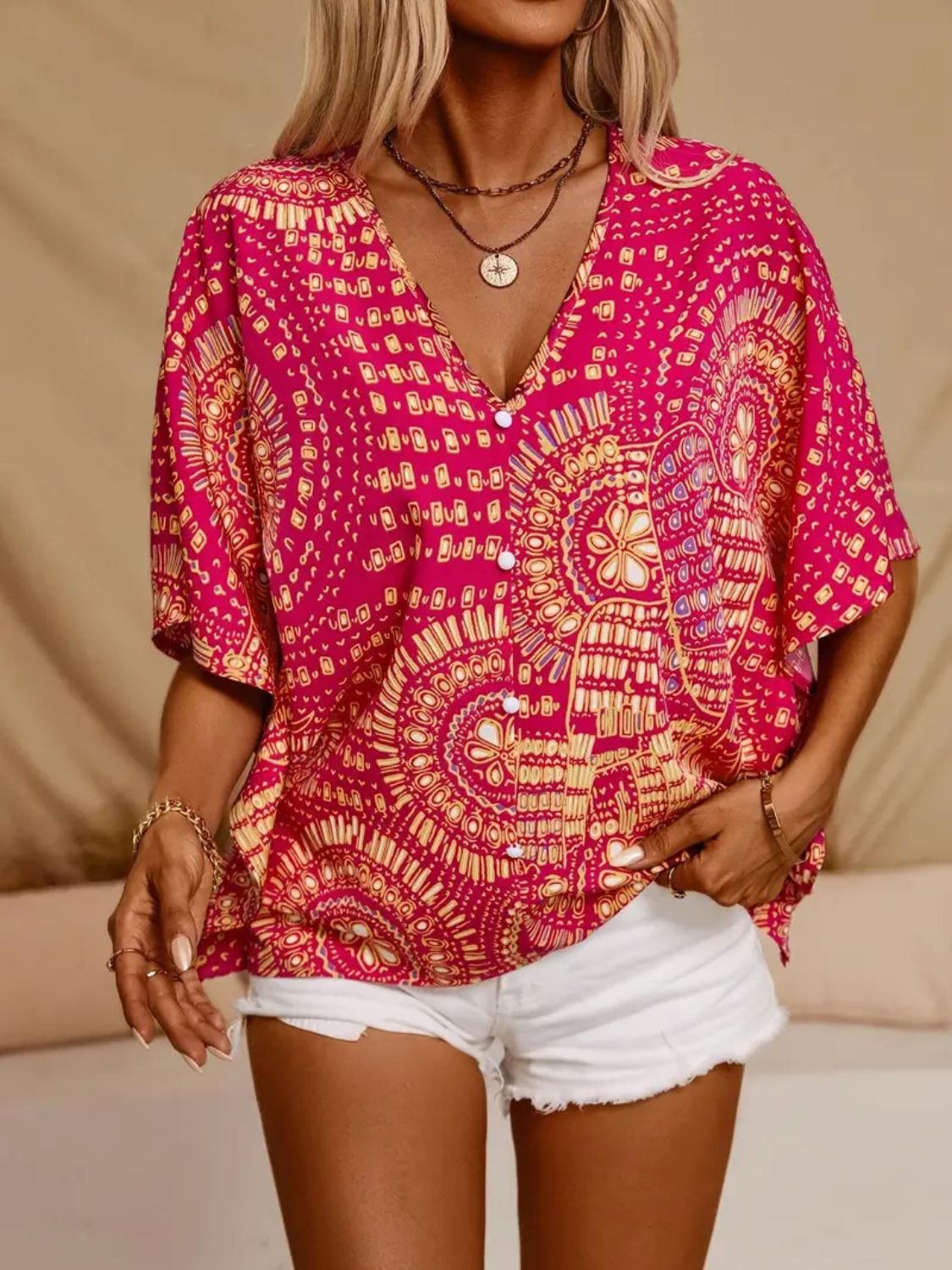 Printed V-Neck Half Sleeve Top OutfitFlow