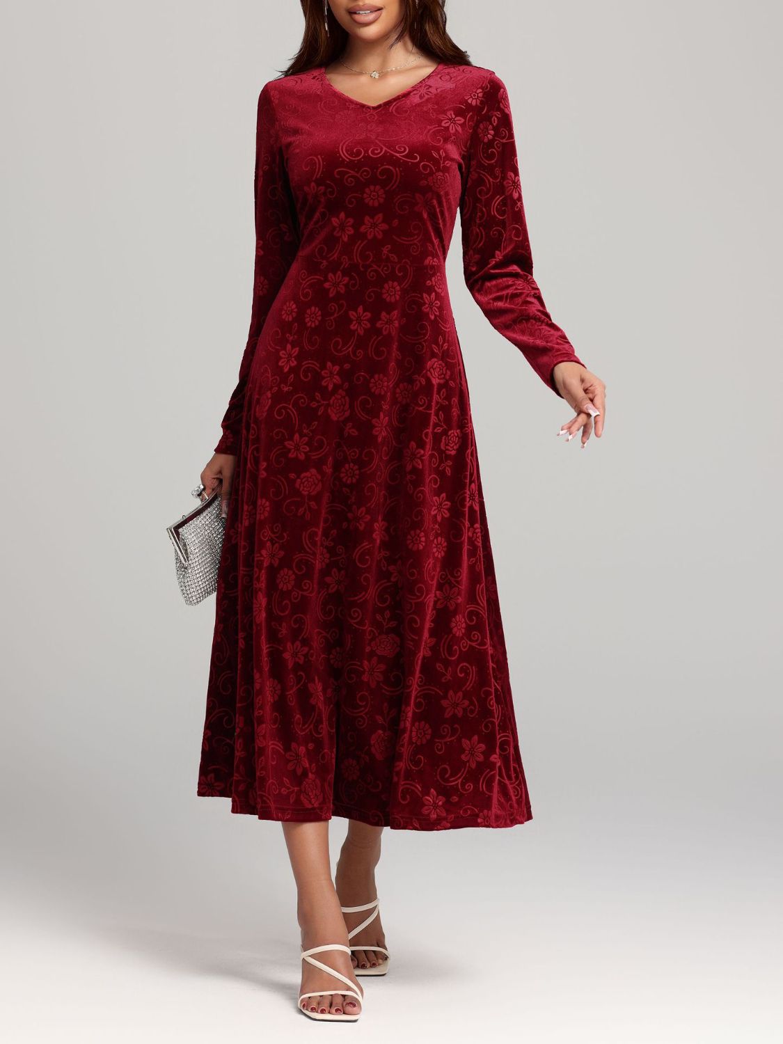 Flower Print V-Neck Long Sleeve Midi Dress