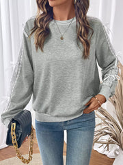 Lace Detail Round Neck Sweatshirt OutfitFlow