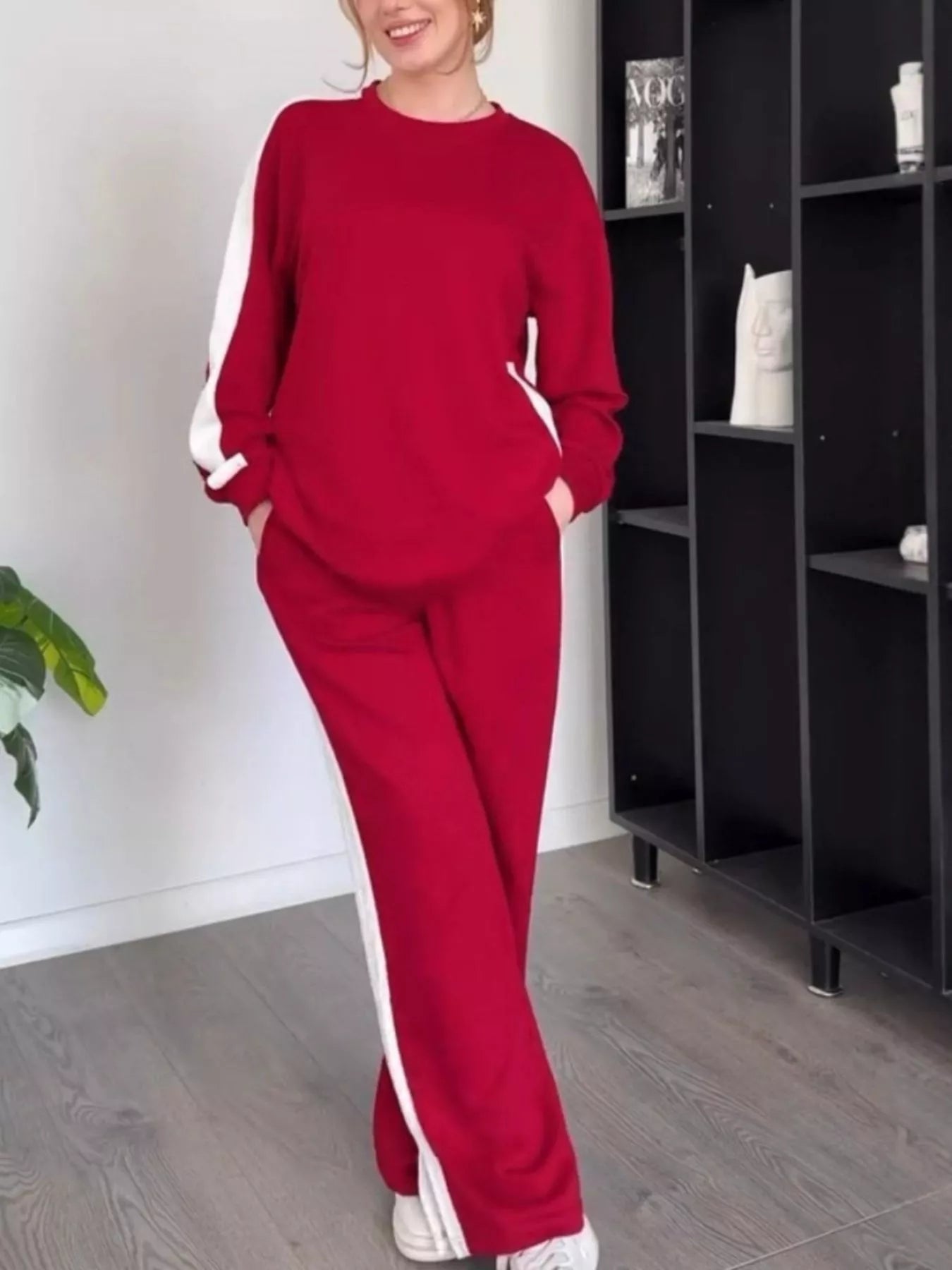 Full Size Contrast Round Neck Top and Pants Set Plus Size OutfitFlow