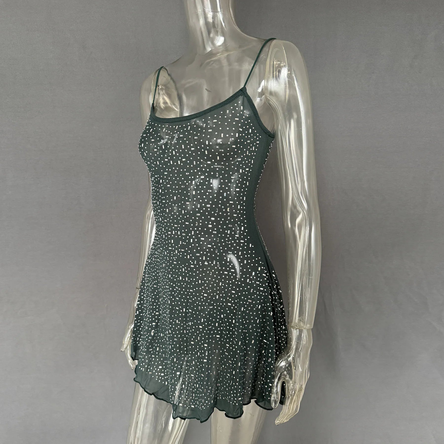 Rhinestone Decor Mini Cami Dress Green OutfitFlow