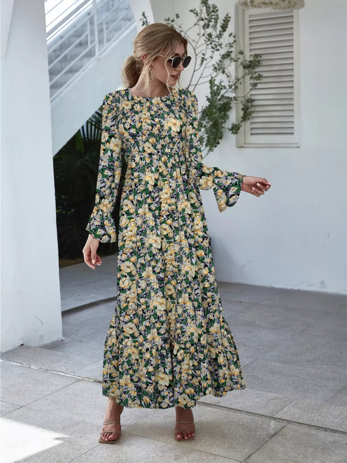 Floral Flounce Sleeve Maxi Dress OutfitFlow