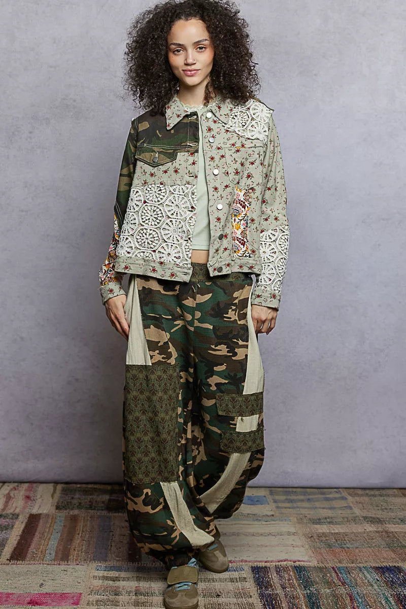 POL Floral Printed French Terry Jacket with Crochet Contrast OutfitFlow