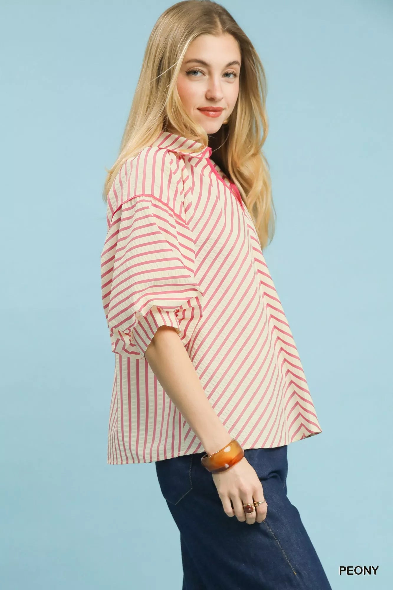 Umgee Chevron Stripe Collared Relaxed Top OutfitFlow