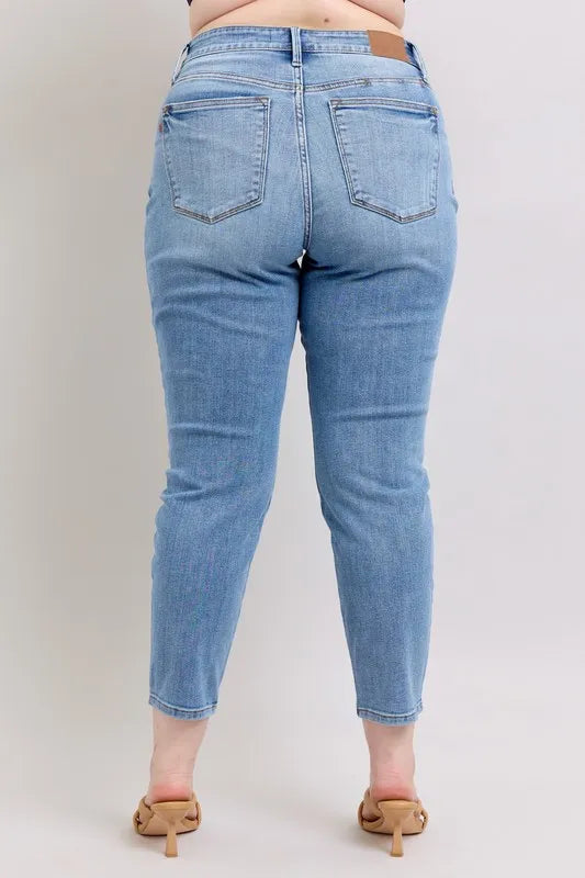 Judy Blue Full Size Mid Rise Vintage Wash Slim Jeans with Cell Phone Pocket Plus Size OutfitFlow