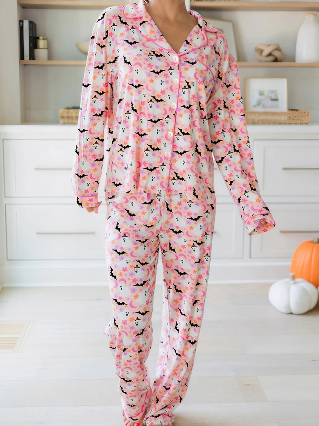Halloween Ghost Print Button Up Top and Pants Lounge Set Dusty Pink OutfitFlow