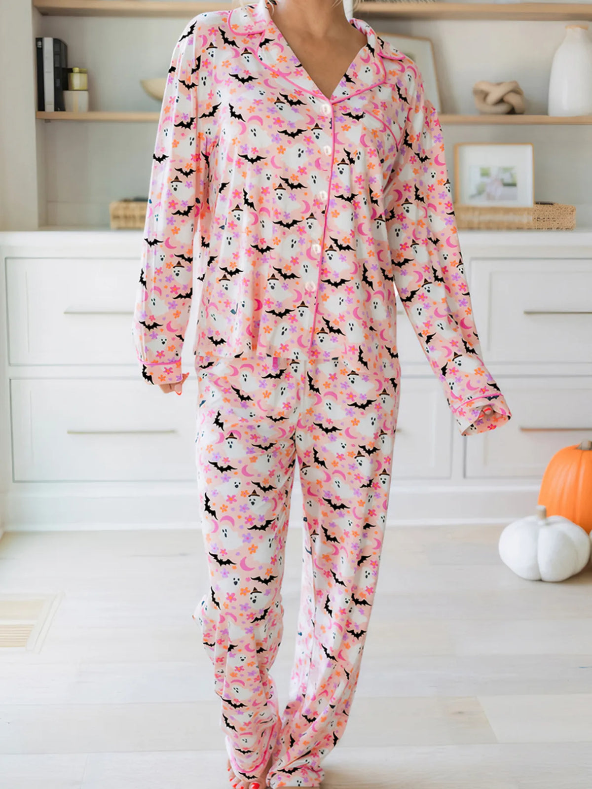 Halloween Ghost Print Button Up Top and Pants Lounge Set Dusty Pink OutfitFlow