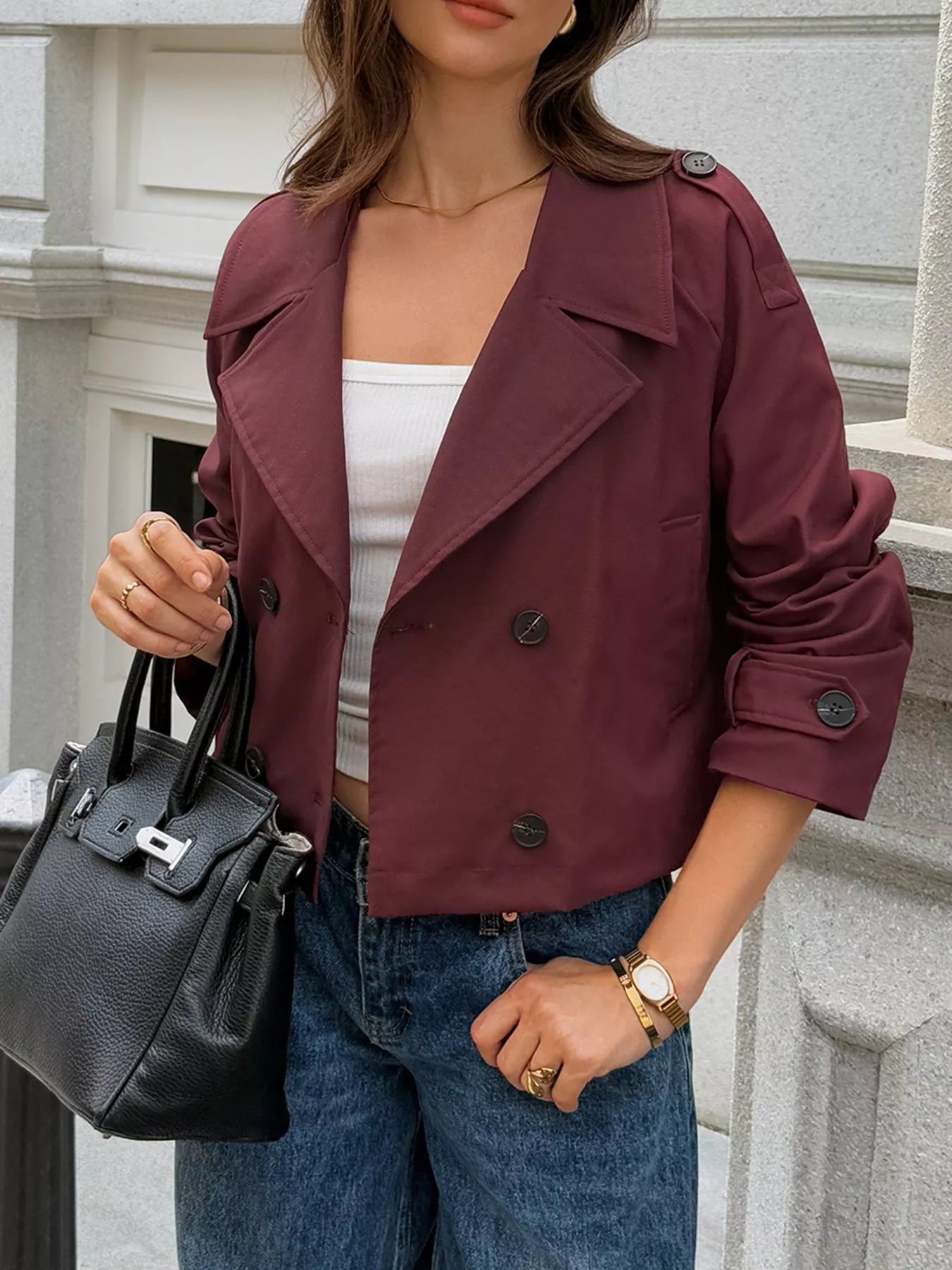 Cropped Double-Breasted Raglan Sleeve Jacket Burgundy Trendsi